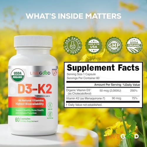 Suplemento Orgánico LIVEGOOD D3 K2 2000 IU, Cápsulas Veganas con MK-7, Vitamina D3 Pura con K2 para Soporte Inmunológico y Óseo, Hecho en EE. UU. (60 - imagen 3