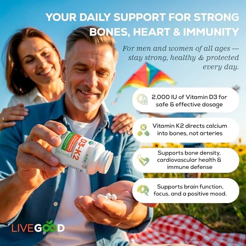 Suplemento Orgánico LIVEGOOD D3 K2 2000 IU, Cápsulas Veganas con MK-7, Vitamina D3 Pura con K2 para Soporte Inmunológico y Óseo, Hecho en EE. UU. (60 - imagen 5