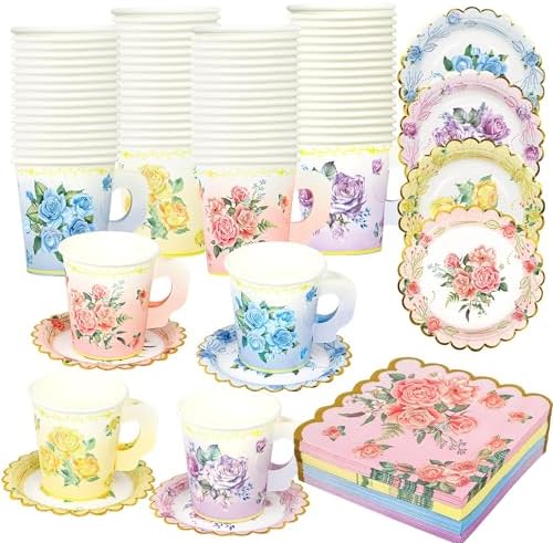 Juego de 40 Tazas y Platillos Desechables para Té con Flores Coloridas, Incluye Servilletas de Papel - Suministros para Fiesta de Té Floral, - imagen 1