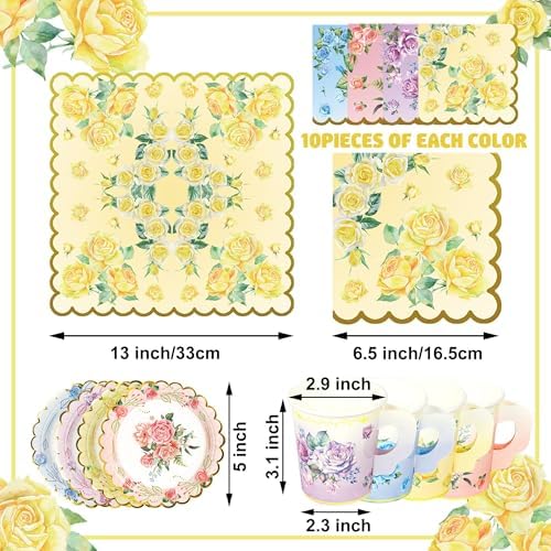 Juego de 40 Tazas y Platillos Desechables para Té con Flores Coloridas, Incluye Servilletas de Papel - Suministros para Fiesta de Té Floral, - imagen 2
