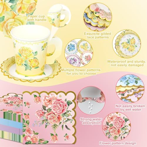 Juego de 40 Tazas y Platillos Desechables para Té con Flores Coloridas, Incluye Servilletas de Papel - Suministros para Fiesta de Té Floral, - imagen 3