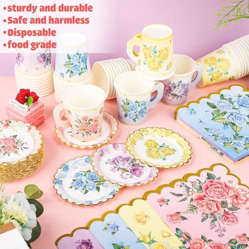 Juego de 40 Tazas y Platillos Desechables para Té con Flores Coloridas, Incluye Servilletas de Papel - Suministros para Fiesta de Té Floral, - imagen 4