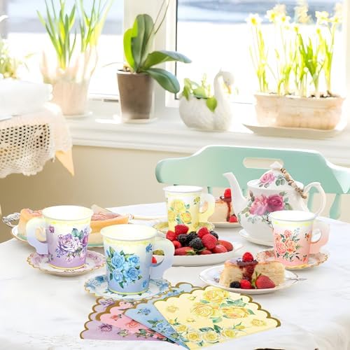 Juego de 40 Tazas y Platillos Desechables para Té con Flores Coloridas, Incluye Servilletas de Papel - Suministros para Fiesta de Té Floral, - imagen 5