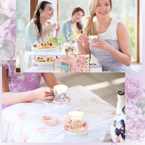 Juego de 40 Tazas y Platillos Desechables para Té con Flores Coloridas, Incluye Servilletas de Papel - Suministros para Fiesta de Té Floral, - imagen 6