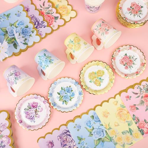 Juego de 40 Tazas y Platillos Desechables para Té con Flores Coloridas, Incluye Servilletas de Papel - Suministros para Fiesta de Té Floral, - imagen 7