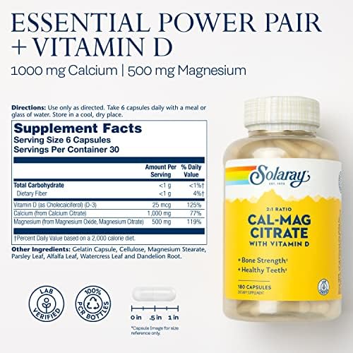 SOLARAY Citrato de Calcio y Magnesio 2:1 con Vitamina D-3, Soporte para Huesos, Músculos y Sistema Nervioso, Alta Absorción, 180 Cápsulas - imagen 2