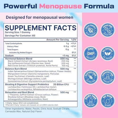 Suplementos de Menopausia para Mujeres en Gummy, 16 en 1 Probiótico, Cohosh Negro y Ashwagandha para Alivio de Menopausia, 60 Gummy Sin Azúcar - imagen 2