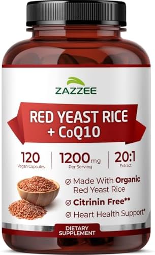 Zazzee Arroz Rojo de Levadura Orgánico 20:1 con CoQ10, 1200 mg por Porción, 80 mg CoQ10, 120 Cápsulas Veganas, Soporte Cardiovascular, Sin OGM, Hecho - imagen 1