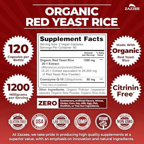 Zazzee Arroz Rojo de Levadura Orgánico 20:1 con CoQ10, 1200 mg por Porción, 80 mg CoQ10, 120 Cápsulas Veganas, Soporte Cardiovascular, Sin OGM, Hecho - imagen 2