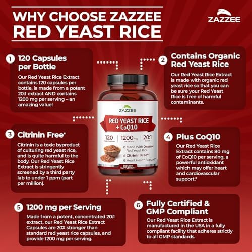 Zazzee Arroz Rojo de Levadura Orgánico 20:1 con CoQ10, 1200 mg por Porción, 80 mg CoQ10, 120 Cápsulas Veganas, Soporte Cardiovascular, Sin OGM, Hecho - imagen 5