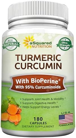 Suplemento de Cúrcuma Curcumina aSquared Nutrition 1600mg con Extracto de Pimienta Negra BioPerine - 180 Cápsulas, 95% Curcuminoides, Alivio Natural - imagen 1