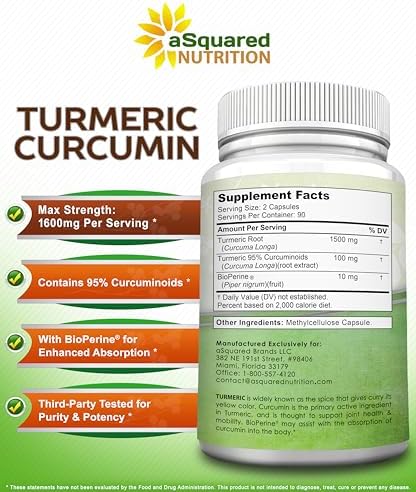 Suplemento de Cúrcuma Curcumina aSquared Nutrition 1600mg con Extracto de Pimienta Negra BioPerine - 180 Cápsulas, 95% Curcuminoides, Alivio Natural - imagen 5