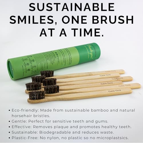 Cepillos de Dientes de Bambú Gaia Guy con Cerda de Caballo Suave (Sin Nylon) - Compostables y Biodegradables - Paquete de 6 - Cero Residuos - imagen 3