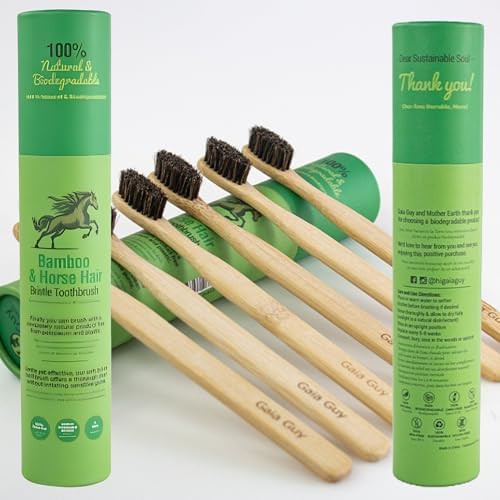 Cepillos de Dientes de Bambú Gaia Guy con Cerda de Caballo Suave (Sin Nylon) - Compostables y Biodegradables - Paquete de 6 - Cero Residuos - imagen 7