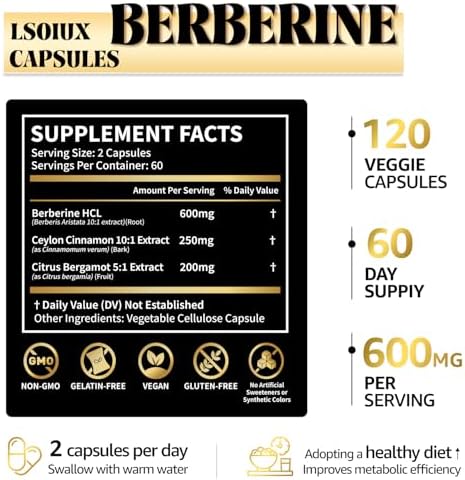 Suplemento de Berberina LSOIUX con Canela de Ceilán, Fórmula de Soporte Metabólico, 600mg, Vegano, No Transgénico, 120 Cápsulas - imagen 7