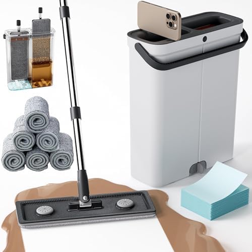 Mopa y Cubeta Compacta POPMOP - Set de Mopa Plana con Escurridor, Ideal para Apartamentos, Casas Pequeñas, RV, Ventanas y Pisos con 6 Paños de - imagen 1