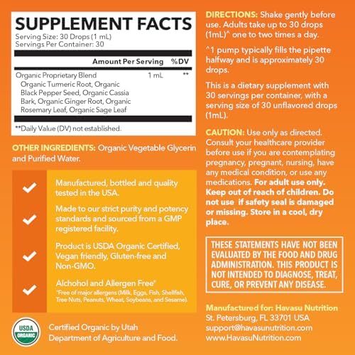 Gotas Líquidas de Cúrcuma Orgánica USDA con Pimienta Negra - Suplemento de 1000mg de Curcumina para Salud Inmunológica y Digestiva - 30 Porciones - - imagen 2