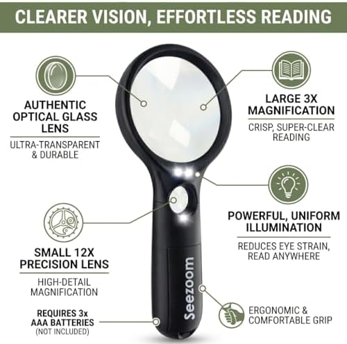 Lupa SeeZoom con Luz, Lente Grande 3X + Lente de Alta Potencia 12X, Lupa de Mano Iluminada para Lectura, Monedas y Joyería, Luz LED - imagen 6