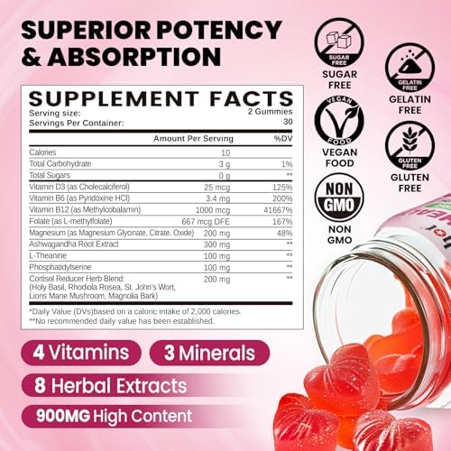 Gomitas Duwhot para Cortisol, Suplemento 15 en 1 para Mujeres con Ashwagandha, Magnesio y Folato, Apoyo Hormonal, Sin Azúcar, Veganas, 60 piezas - imagen 2