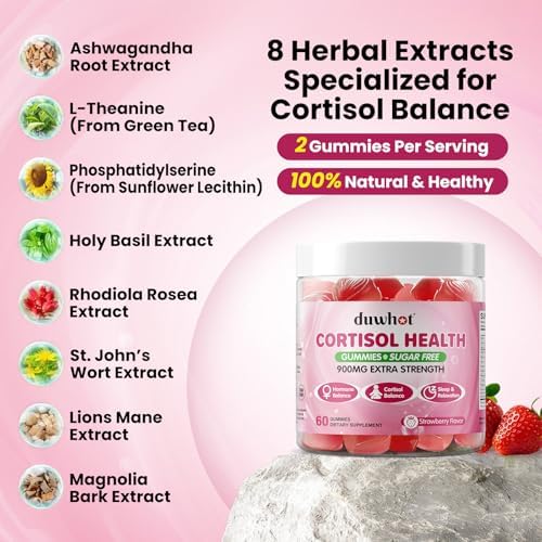 Gomitas Duwhot para Cortisol, Suplemento 15 en 1 para Mujeres con Ashwagandha, Magnesio y Folato, Apoyo Hormonal, Sin Azúcar, Veganas, 60 piezas - imagen 3