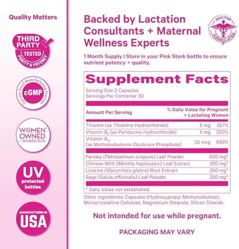 Pink Stork No Flow: Suplemento para Secar la Producción de Leche Materna con Salvia, Perejil y Vitaminas B, 60 Cápsulas - imagen 6