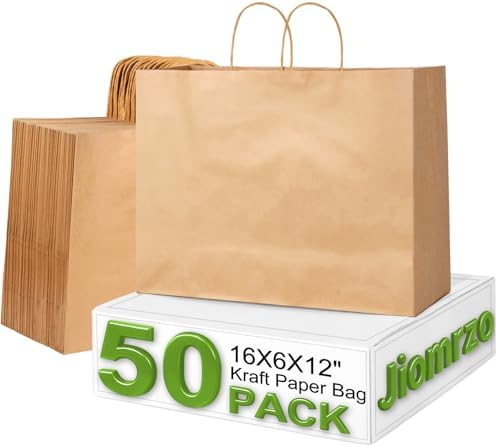 Bolsas de Papel Kraft Grandes Jiomrzo (50 Pzs) con Asa - Reutilizables (16x6x12 Pulgadas) para Negocios, Compras, Regalos y Tiendas - imagen 1