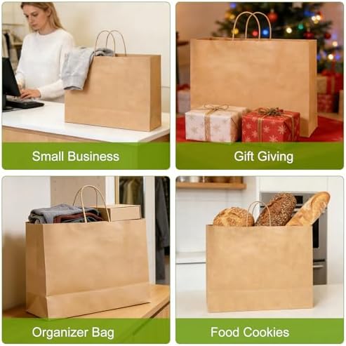 Bolsas de Papel Kraft Grandes Jiomrzo (50 Pzs) con Asa - Reutilizables (16x6x12 Pulgadas) para Negocios, Compras, Regalos y Tiendas - imagen 5