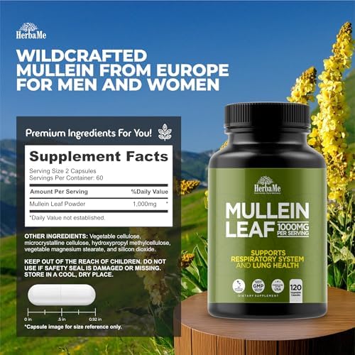 HerbaMe Hoja de Mullein 1000mg, 120 Cápsulas - Suplemento Diario para el Apoyo Respiratorio, Confort en la Respiración y Balance de Mucosidad, - imagen 2