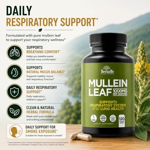 HerbaMe Hoja de Mullein 1000mg, 120 Cápsulas - Suplemento Diario para el Apoyo Respiratorio, Confort en la Respiración y Balance de Mucosidad, - imagen 4