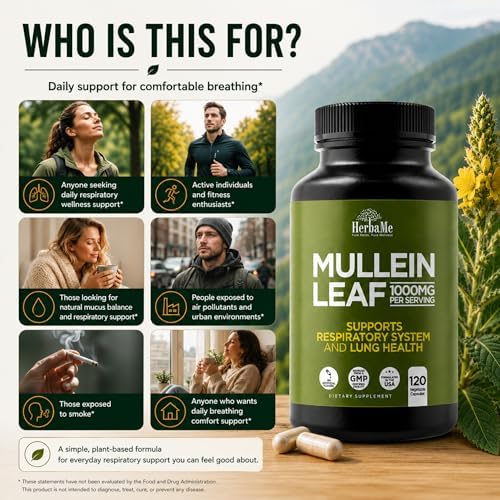 HerbaMe Hoja de Mullein 1000mg, 120 Cápsulas - Suplemento Diario para el Apoyo Respiratorio, Confort en la Respiración y Balance de Mucosidad, - imagen 5