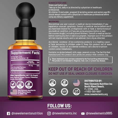 Suplemento de Hierro para Mujeres y Hombres, Constructor de Sangre Libre, Gotas de Hierro Líquido con Aceite MCT, Sabor Natural a Uva, Absorción - imagen 3