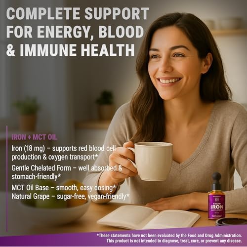 Suplemento de Hierro para Mujeres y Hombres, Constructor de Sangre Libre, Gotas de Hierro Líquido con Aceite MCT, Sabor Natural a Uva, Absorción - imagen 4