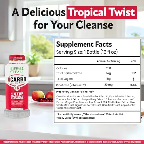 Herbal Clean Qcarbo16 Bebida Detox de Limpieza Total (16 fl oz) - Sabor Tropical, Ideal para Niveles Moderados de Toxinas, con Vitaminas B2 y B12 - imagen 3