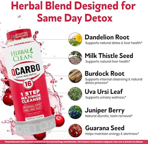 Herbal Clean Qcarbo16 Bebida Detox de Limpieza Total (16 fl oz) - Sabor Tropical, Ideal para Niveles Moderados de Toxinas, con Vitaminas B2 y B12 - imagen 4