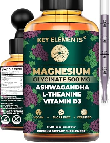 Magnesio Glicinato Líquido 500mg | Suplemento de Ashwagandha con L-Teanina y Vitamina D3 | Alivio del Estrés, Sueño y Calma - imagen 1