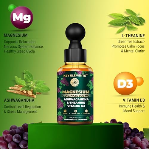 Magnesio Glicinato Líquido 500mg | Suplemento de Ashwagandha con L-Teanina y Vitamina D3 | Alivio del Estrés, Sueño y Calma - imagen 2