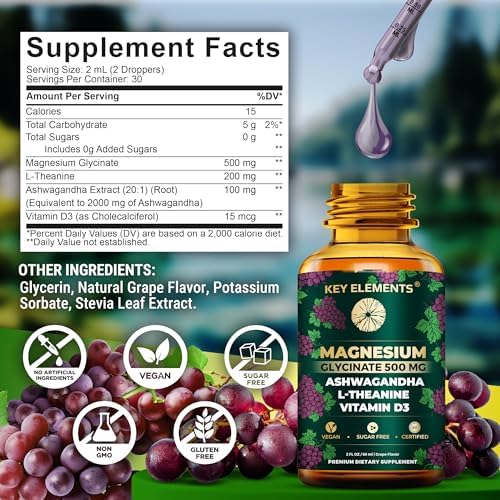 Magnesio Glicinato Líquido 500mg | Suplemento de Ashwagandha con L-Teanina y Vitamina D3 | Alivio del Estrés, Sueño y Calma - imagen 5