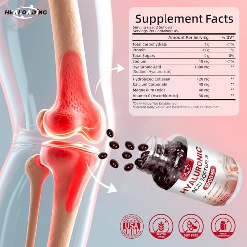 Suplementos de Ácido Hialurónico HEALOADING 1000mg en Softgels: Suplementos para Articulaciones y Piel, Hidratación No GMO y Sin Gluten - imagen 2