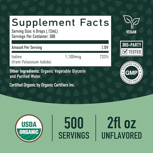 Iodo Orgánico Líquido para Apoyo a la Tiroides | Suplementos de Iodo Nascent | Certificado Orgánico USDA | Ioduro de Potasio Decolorido | 1100 mcg | - imagen 6