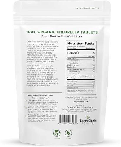Tabletas de Chlorella Orgánica Earth Circle Organics 1000 piezas | Chlorella Pyrenoidosa Pura | Pared Celular Rota para Mejor Absorción | Vegano, - imagen 3