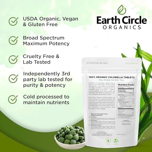 Tabletas de Chlorella Orgánica Earth Circle Organics 1000 piezas | Chlorella Pyrenoidosa Pura | Pared Celular Rota para Mejor Absorción | Vegano, - imagen 5