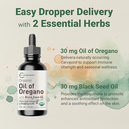 Aceite Orgánico de Orégano con Aceite de Semilla Negra, 4 fl oz | Gotero 2 en 1 | Gotas Líquidas de Alta Potencia con Carvacrol y Timoquinona | - imagen 4