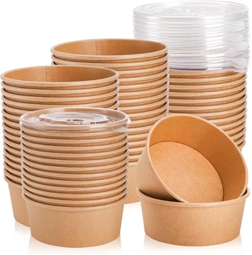 Paquete de 50 Tazones de Papel Kraft Lyellfe con Tapa, 25 Oz, Desechables para Sopa, Ensalada, Postres, Helados y Yogur, Apto para Microondas y - imagen 1