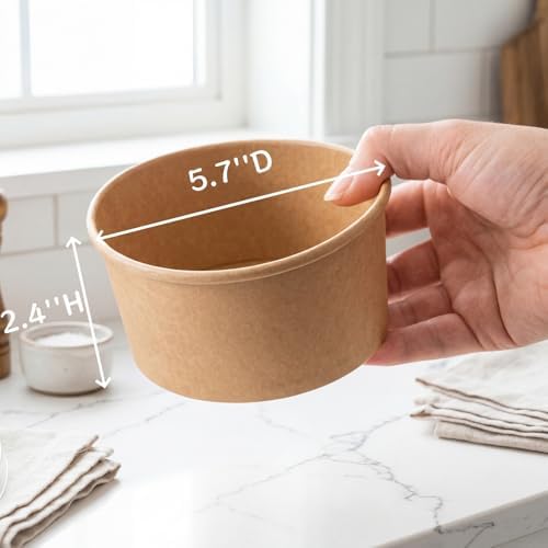 Paquete de 50 Tazones de Papel Kraft Lyellfe con Tapa, 25 Oz, Desechables para Sopa, Ensalada, Postres, Helados y Yogur, Apto para Microondas y - imagen 2