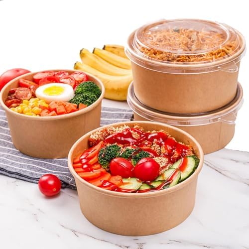 Paquete de 50 Tazones de Papel Kraft Lyellfe con Tapa, 25 Oz, Desechables para Sopa, Ensalada, Postres, Helados y Yogur, Apto para Microondas y - imagen 8