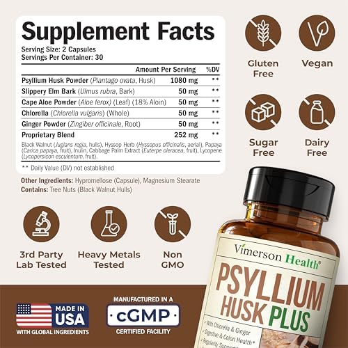 Cápsulas de Psyllium Husk 1080mg – Suplemento de Fibra Vegano para la Regularidad y Salud Digestiva – Con Olmo Resbaladizo y Jengibre – 60 Cápsulas - imagen 3
