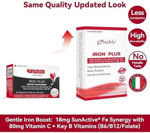 Suplemento de Hierro Suave para Mujeres con Anemia: Tabletas de Hierro de Liberación Lenta 18 mg, Apoyo Clínico para Embarazo, con Ácido Fólico, B12, - imagen 2