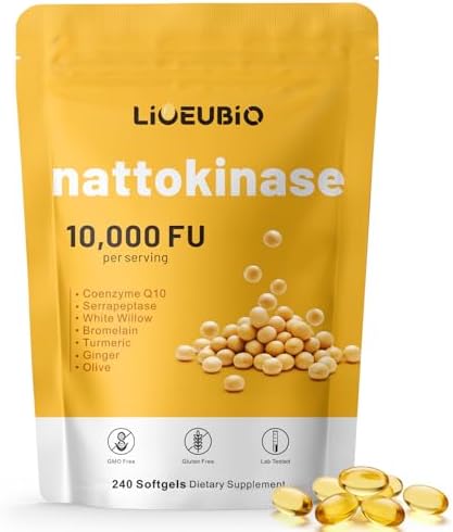 Suplemento de Nattokinasa LIOEUBIO 10,000 FU, Fórmula 9 en 1 con Serrapeptasa, Bromelina, CoQ10, Cúrcuma y Corteza de Sauce Blanco, 240 Softgels - imagen 1