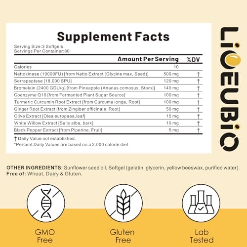 Suplemento de Nattokinasa LIOEUBIO 10,000 FU, Fórmula 9 en 1 con Serrapeptasa, Bromelina, CoQ10, Cúrcuma y Corteza de Sauce Blanco, 240 Softgels - imagen 2