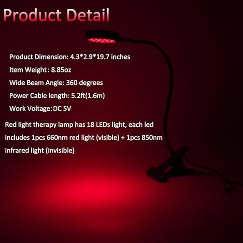 U4GLORY Terapia de Luz Roja para Cara y Cuerpo, 18 LEDs 660nm y 850nm Infrarrojo Cercano, Luz Ajustable con Clip, Ideal para Cuidado de la Piel y - imagen 2